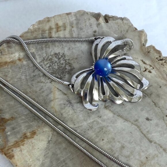 VTG Sterling Silver 925 Forstner Blue Cats Eye Glass Floral Pendant Necklace 16" - Picture 7 of 16